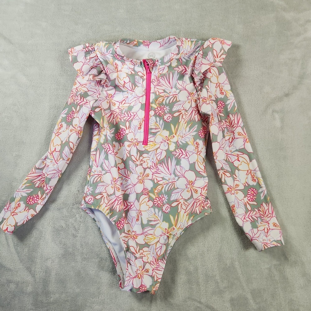 Wonder Nation Girl Swimsuit 5T Pink Multicolor Floral Long Sleeve Ruffle 1/4 Zip